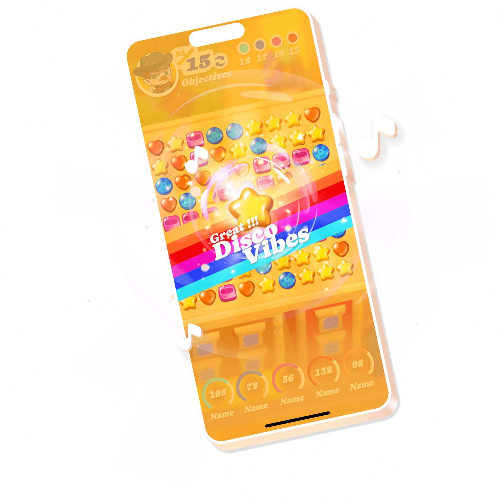 Téléphone montrant l'expérience de jeu Disco Star Téléphone montrant l'expérience de jeu Disco Star