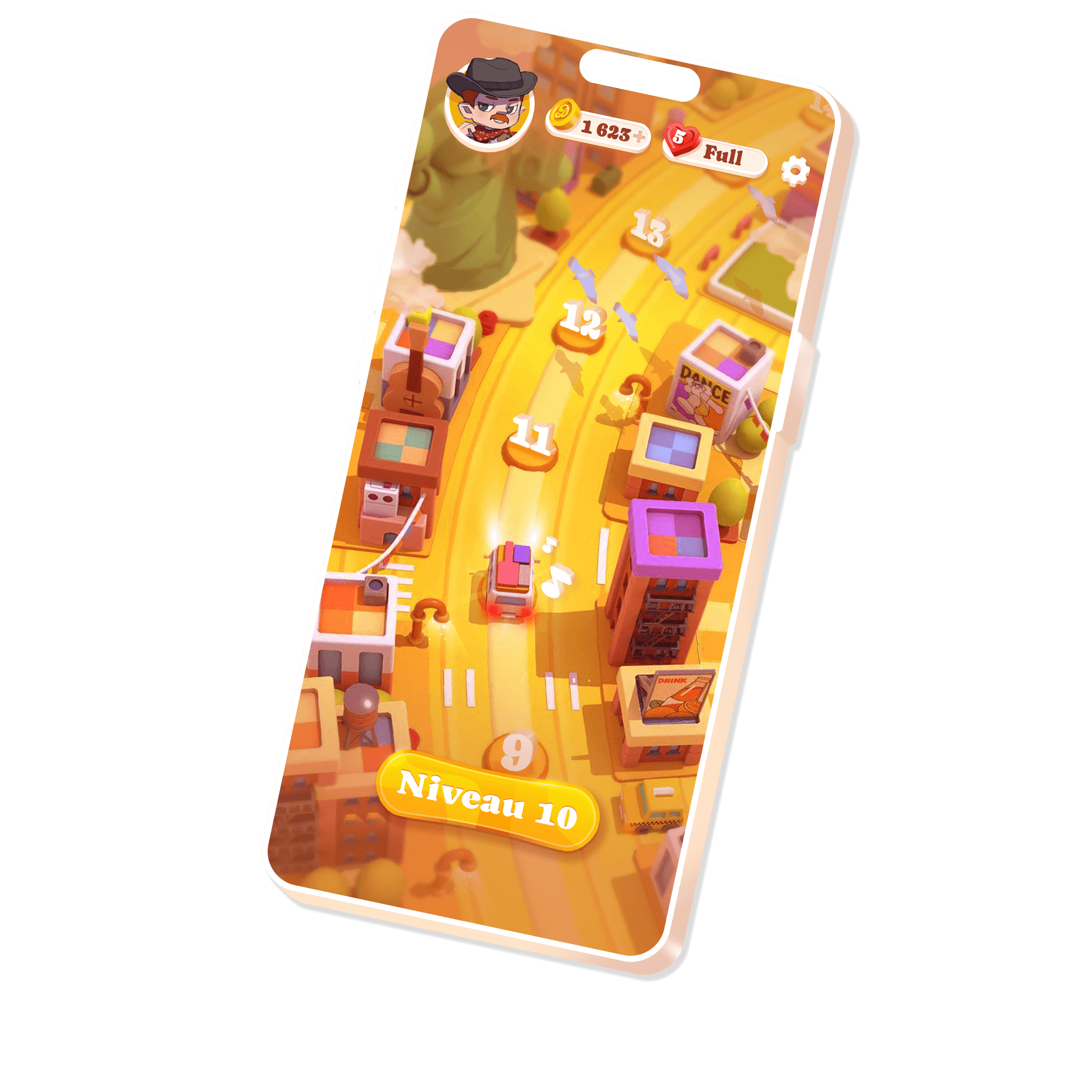 Téléphone montrant un écran de progression du jeu Disco Star Téléphone montrant un écran de progression du jeu Disco Star